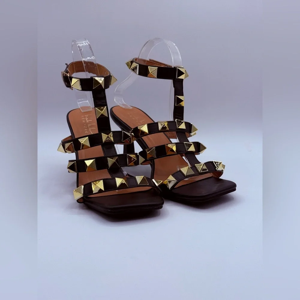 Nicole Miller NY Gold Studded Black Heeled Sandals – Ankle Strap Fashion Heels - Picture 16 of 16